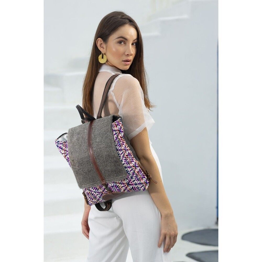 Myra Bag Handmade Vibrant Backpack Upcycled Canvas & Cowhide Leather